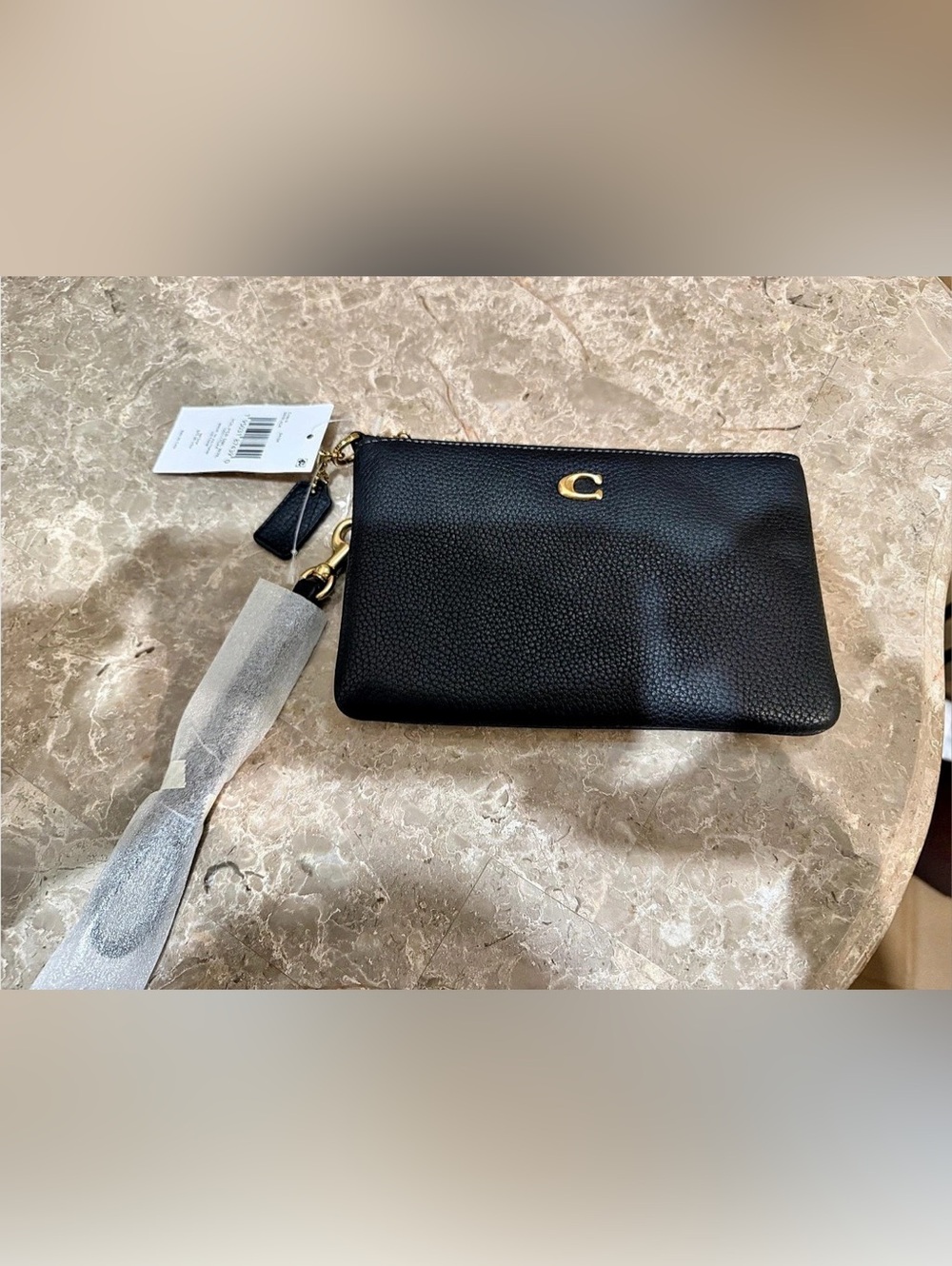 Coach Corner Zip Wristlet In Refined Pebble Leather Black CP483 NWT